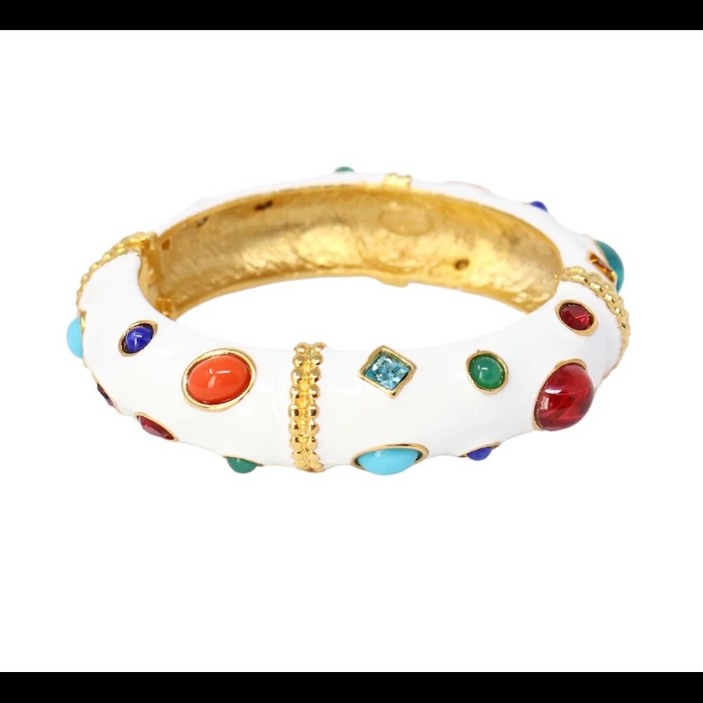 KJL Kenneth J. Lane Jeweled White & Gold Enamel Bangle Bracelet Multi